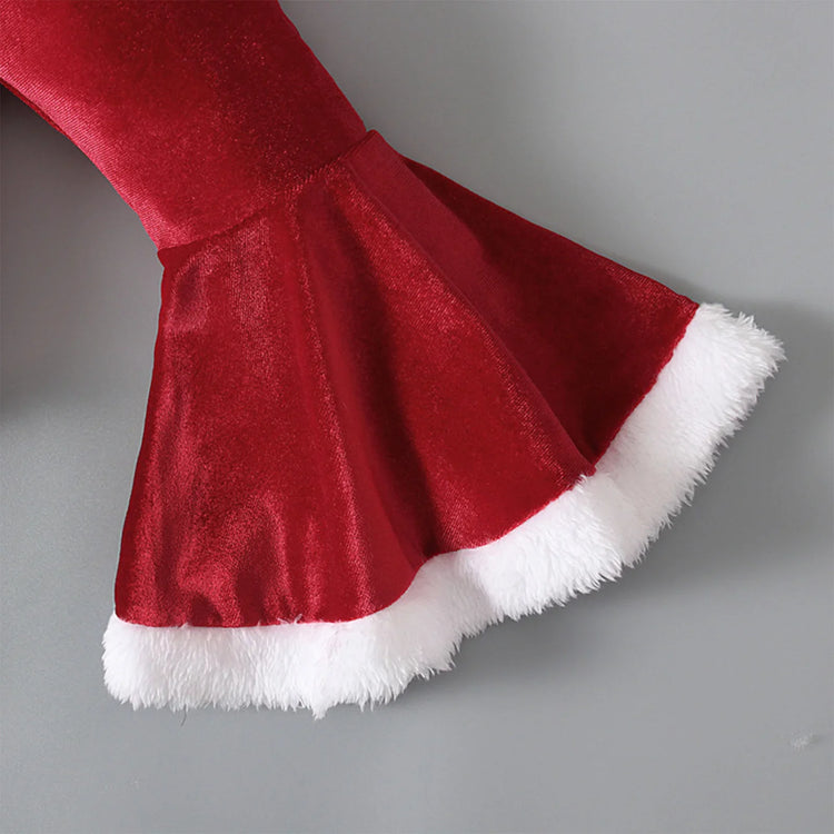 Red velvet flared sleeve with white faux fur trim, festive winter streetwear style