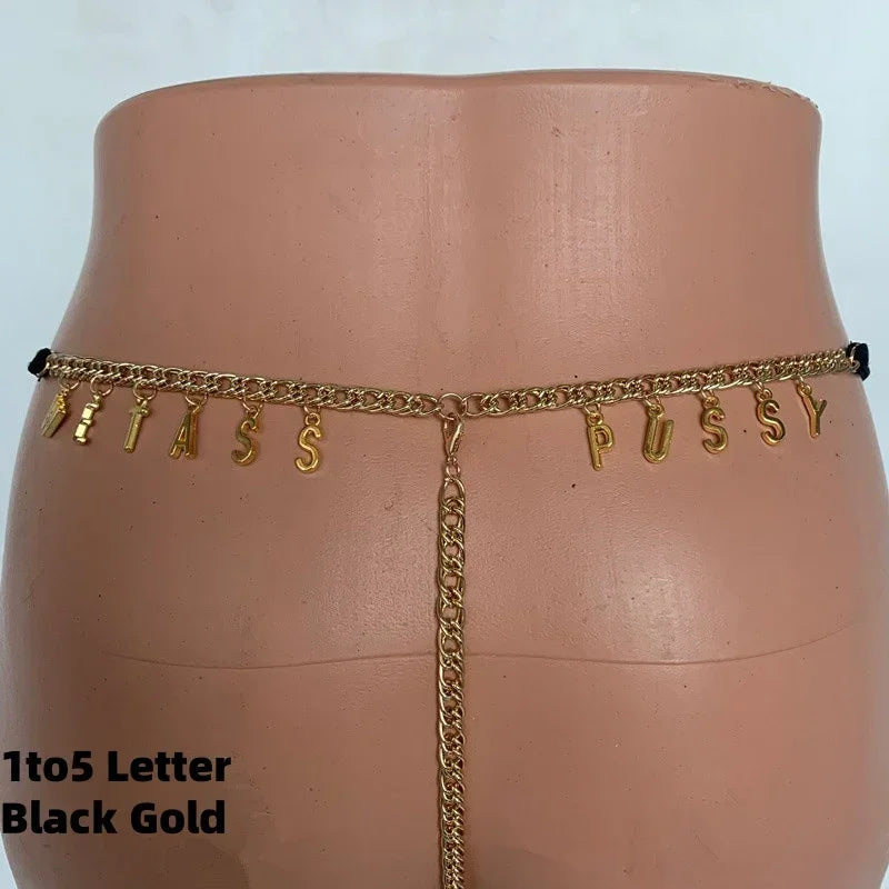 Gold-plated chain waist belt with letter charms, minimalist streetwear accessory