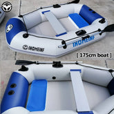 Inflatable blue and white boat with paddles, seat cushion, and durable material, 175cm size