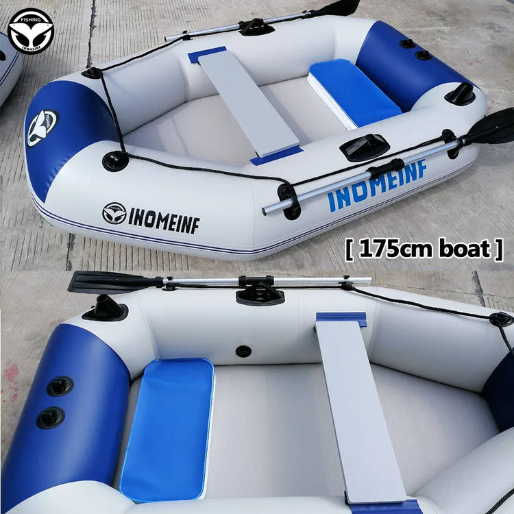 Inflatable blue and white boat with paddles, seat cushion, and durable material, 175cm size