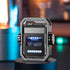 Futuristic black and silver tech gadget with LED lights and exposed circuit, modern design