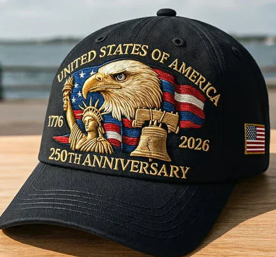 Black embroidered baseball cap with eagle, Statue of Liberty, Liberty Bell, US flag, patriotic streetwear