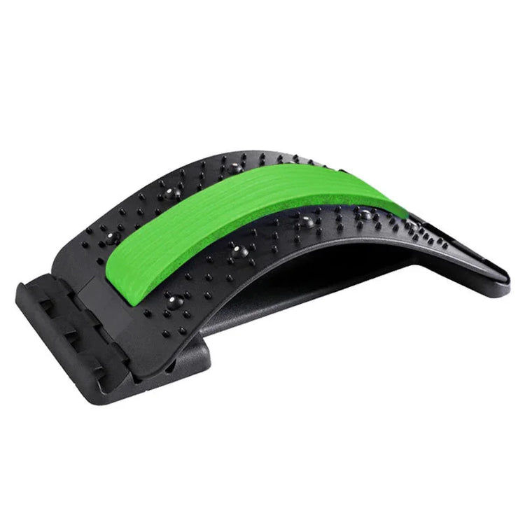 Black back stretcher with green foam cushion, adjustable arched design, plastic material