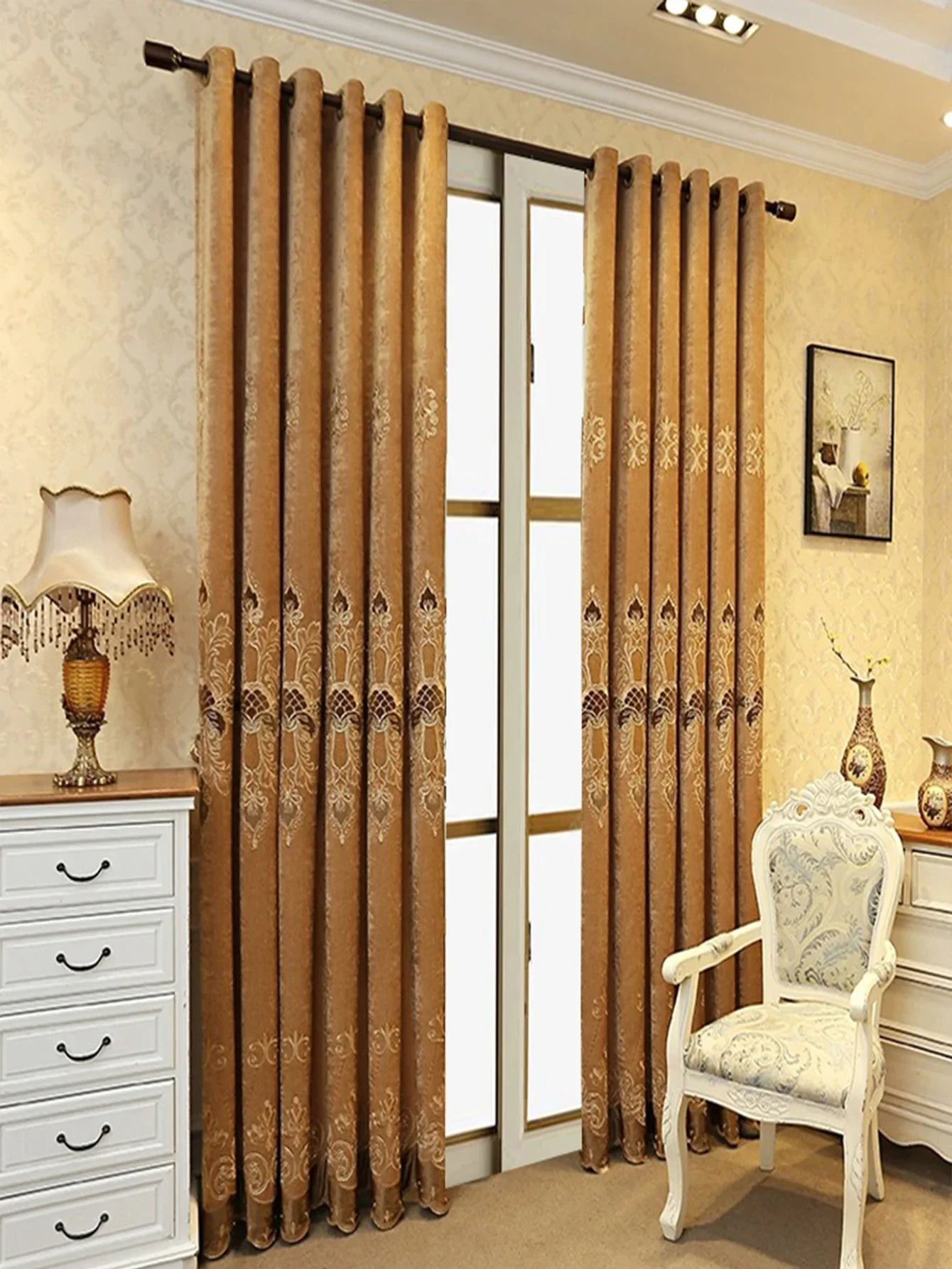 Elegant brown jacquard curtains with gold pattern, blackout style, floor length, classic fit