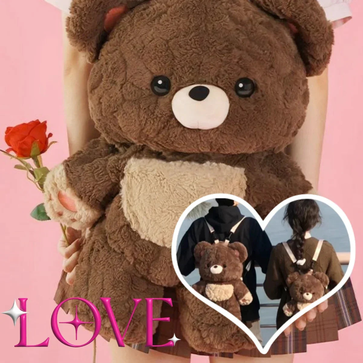 Brown plush teddy bear backpack with soft material, worn by models, cute streetwear accessory