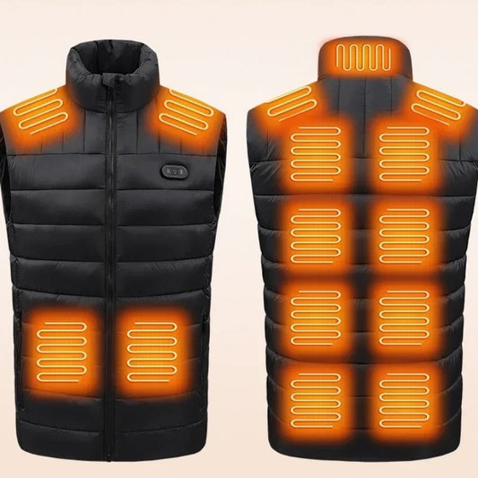Black heated puffer vest with orange accent heating zones, sleeveless, modern fit