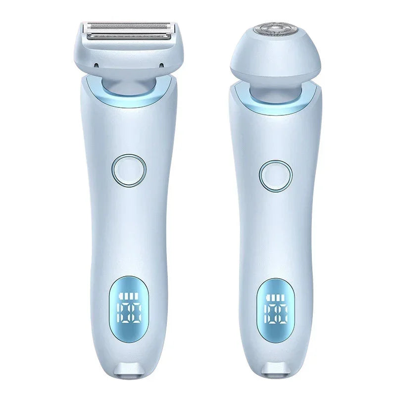 Light blue electric shaver with digital display and ergonomic handle, modern grooming tool