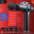 Grey handheld massage gun with LED display and eight interchangeable massage heads, modern tech design.