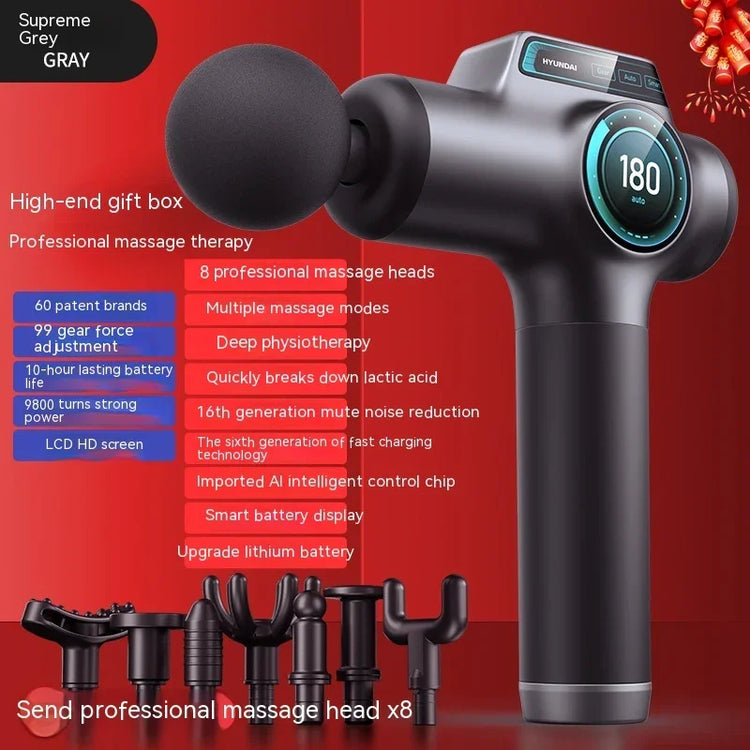 Grey handheld massage gun with LED display and eight interchangeable massage heads, modern tech design.