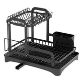 Black metal dish drying rack with utensil holder, two-tier design, and removable drip tray