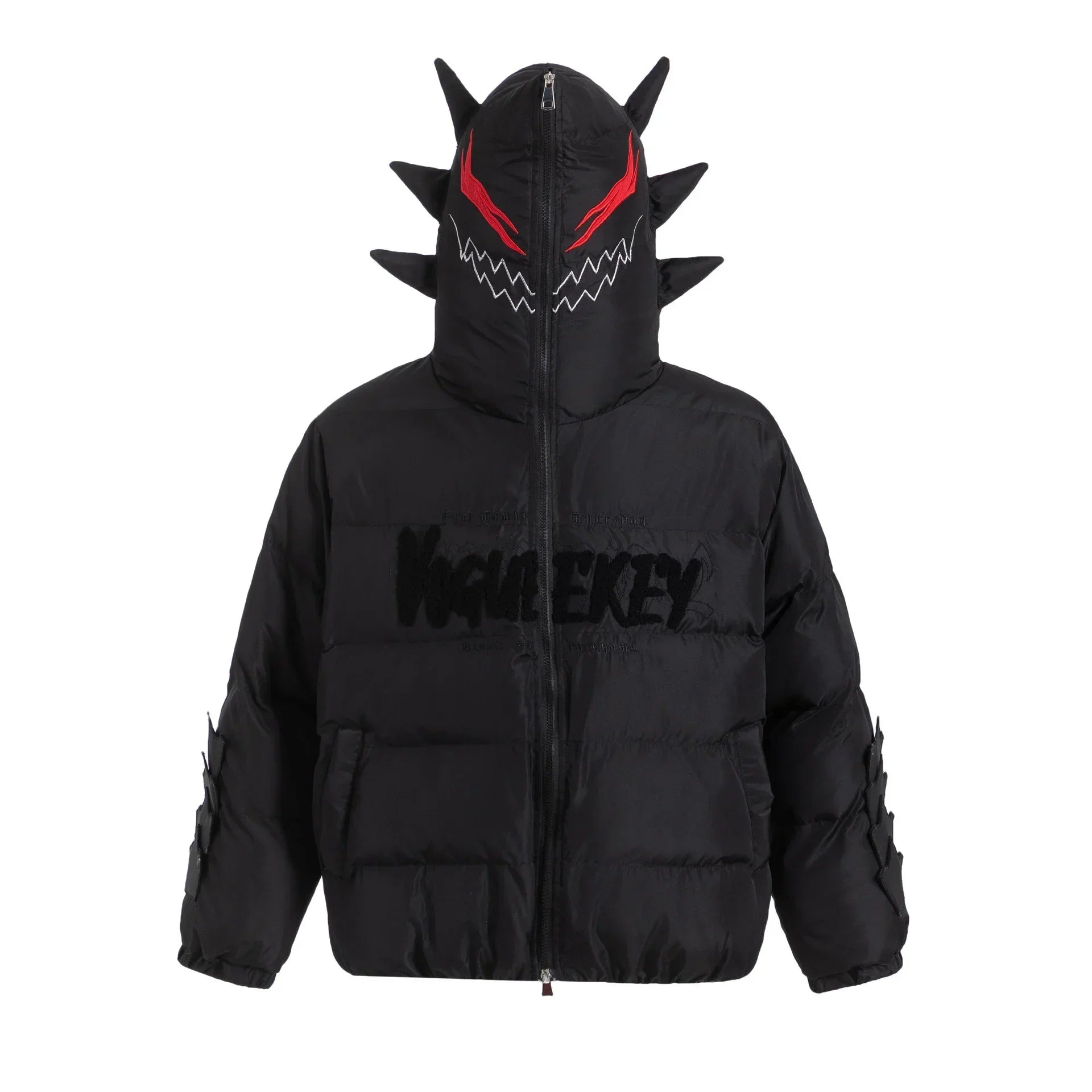 Black puffer jacket with spikes, zip-up hood, red eye and white fang graphic, relaxed fit