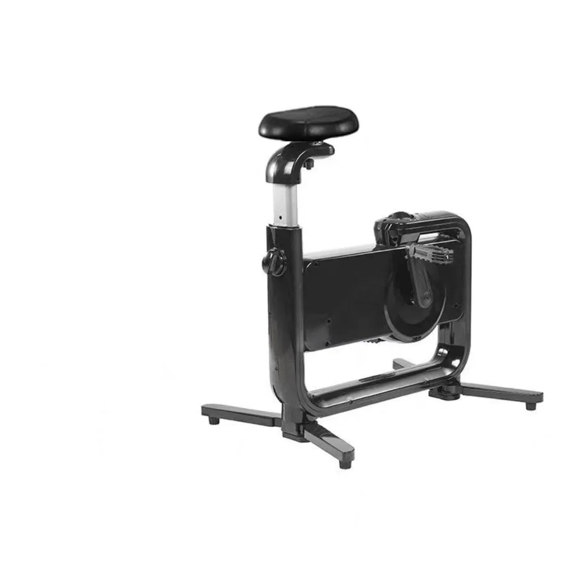 Compact black and silver exercise bike with adjustable cushioned seat and sturdy frame