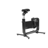 Compact black and silver exercise bike with adjustable cushioned seat and sturdy frame