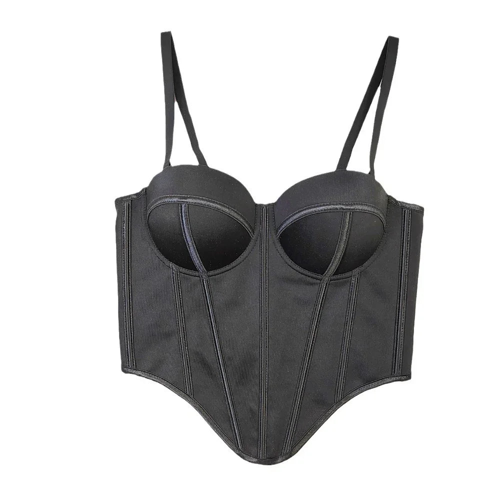 Black structured bustier top with adjustable straps, sleek fitted design, and smooth satin finish