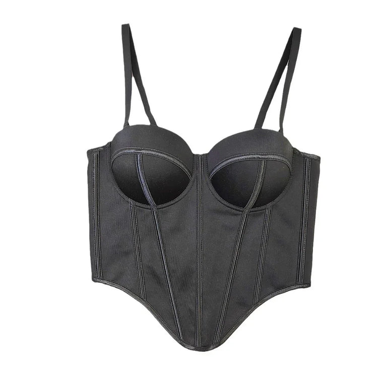 Black structured bustier top with adjustable straps, sleek fitted design, and smooth satin finish