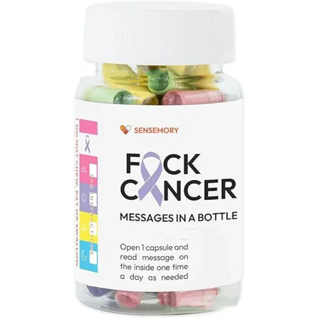Clear plastic bottle filled with colorful capsules, label reads &