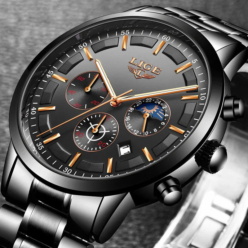 Sleek black stainless steel watch with gold accents and multi-functional dials