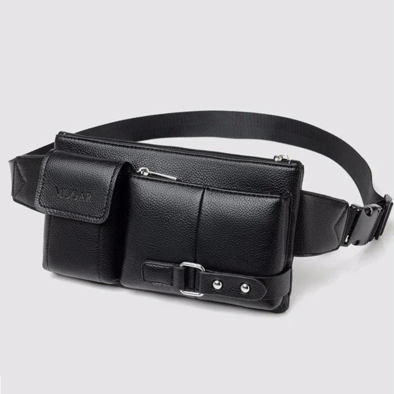 Black faux leather waist bag with buckle and zipper, modern streetwear accessory