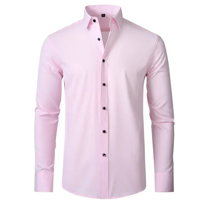 Slim fit light pink long sleeve button-up shirt with black buttons, cotton blend