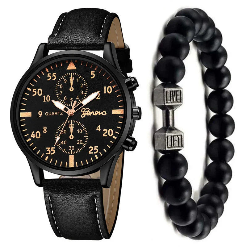 Black leather strap watch with gold accents and black beaded bracelet, modern streetwear style