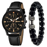 Black leather strap watch with gold accents and black beaded bracelet, modern streetwear style