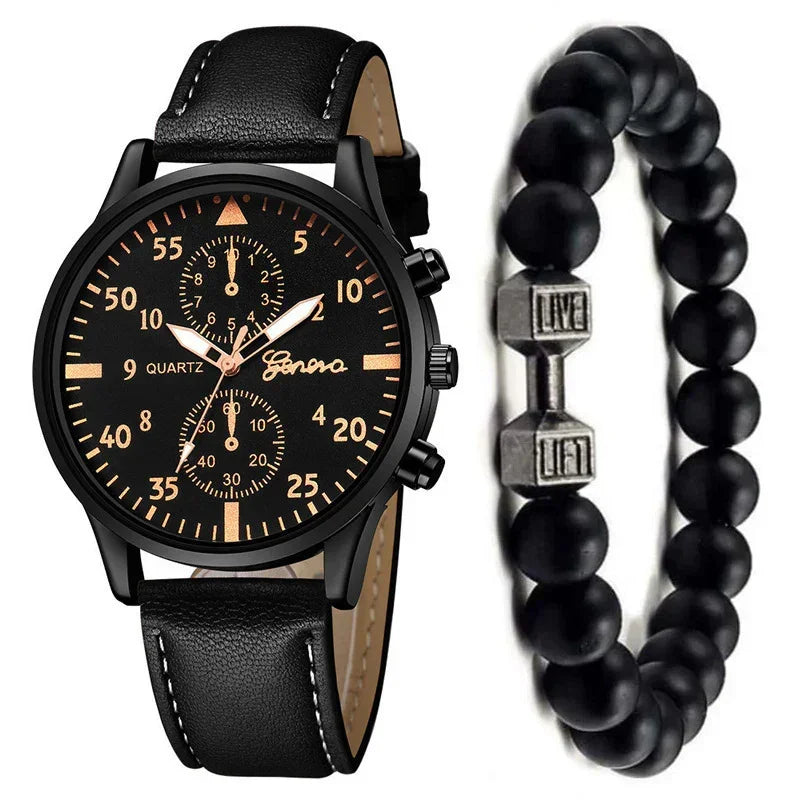 Black leather strap watch with gold accents and black beaded bracelet, modern streetwear style
