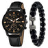 Black leather strap watch with gold accents and black beaded bracelet, modern streetwear style