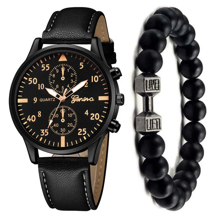 Black leather strap watch with gold accents and black beaded bracelet, modern streetwear style