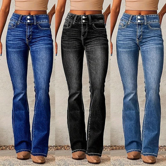 Women’s high-waisted flared jeans in blue, black, and light wash denim, slim fit style.