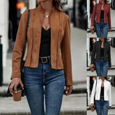 Women’s fitted faux suede jacket in brown, red, black, and white, styled with jeans.