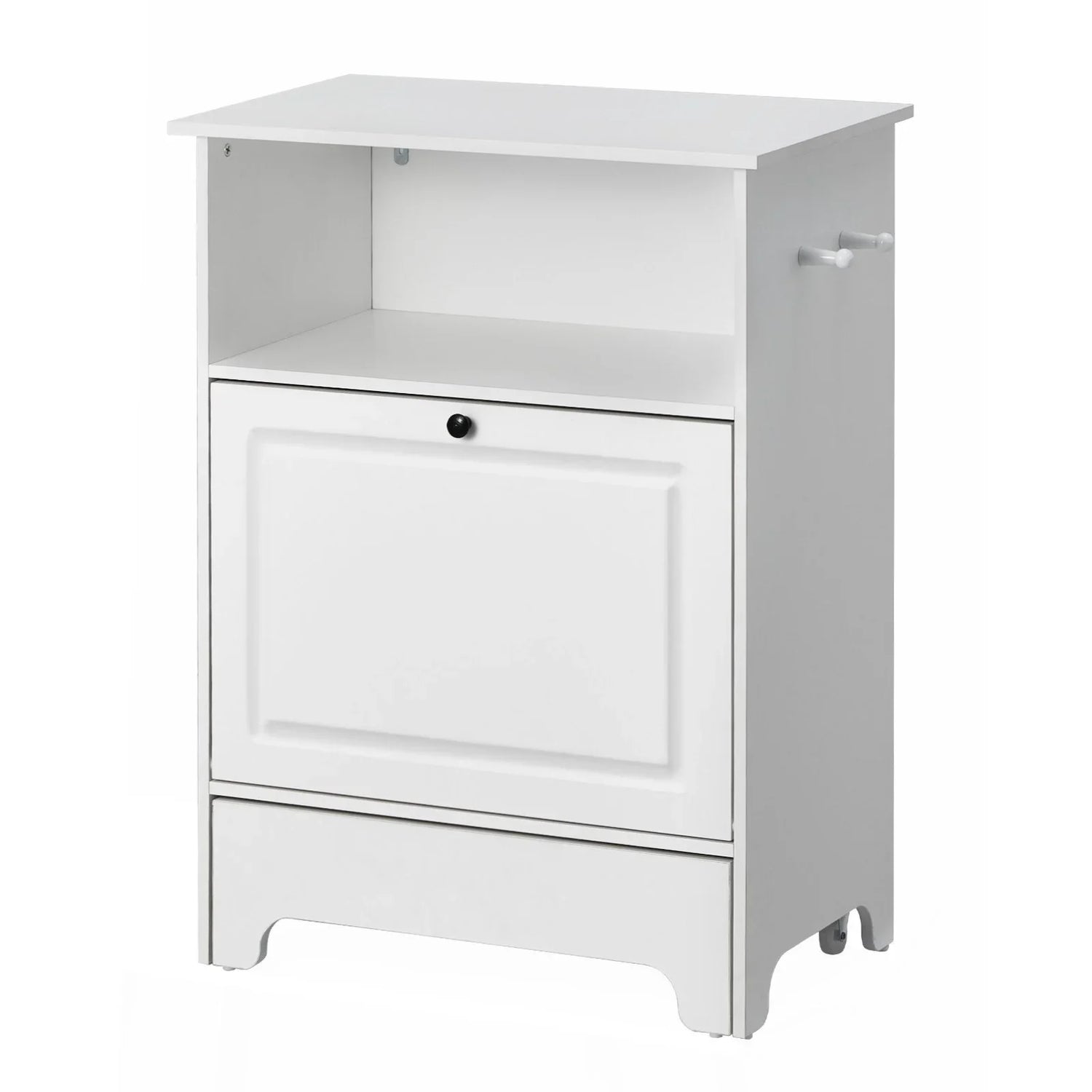 Modern white wooden storage cabinet with open shelf and closed drawer, minimalist design