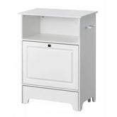 Modern white wooden storage cabinet with open shelf and closed drawer, minimalist design