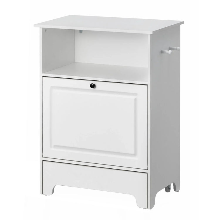 Modern white wooden storage cabinet with open shelf and closed drawer, minimalist design