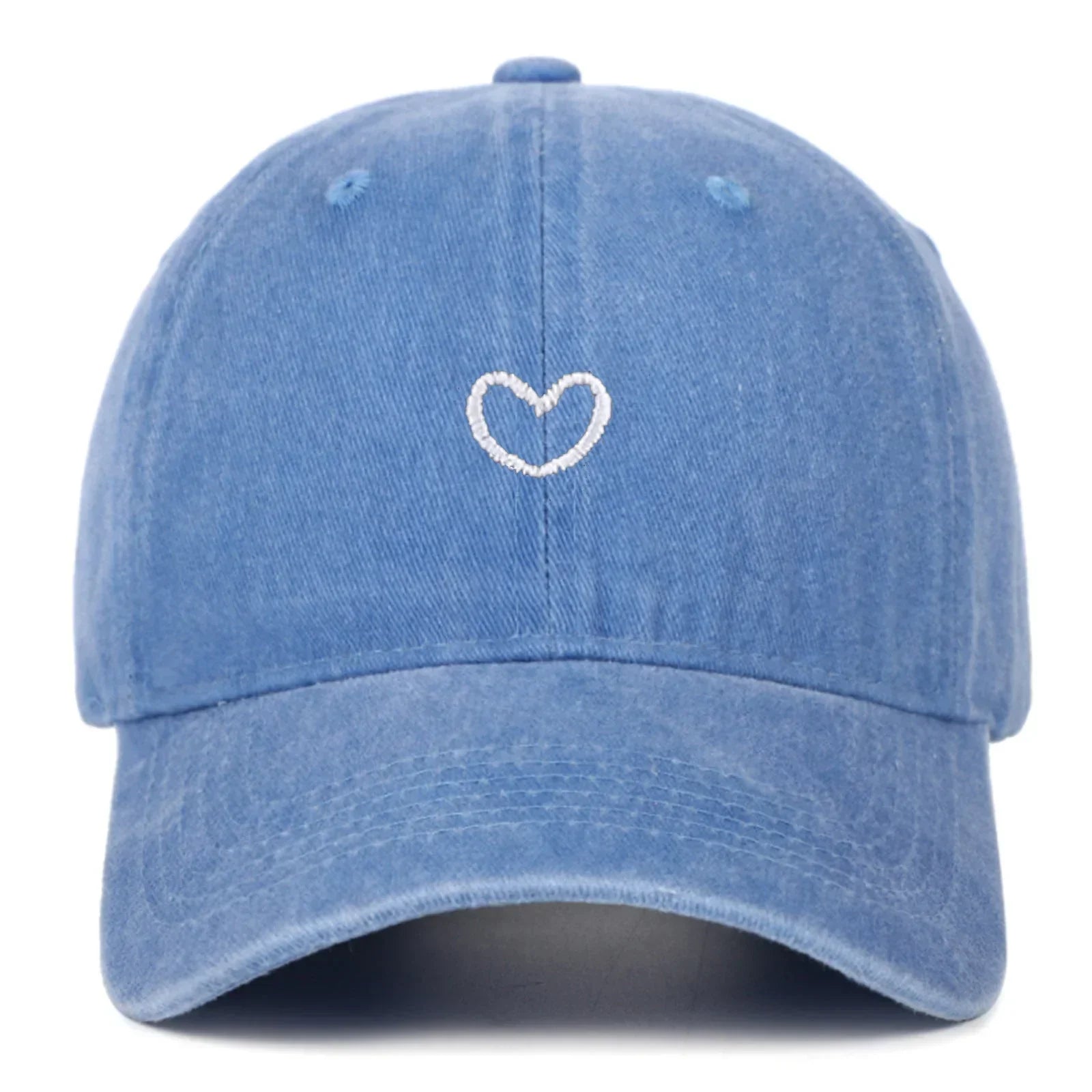 Light blue denim baseball cap with white heart embroidery, unstructured fit