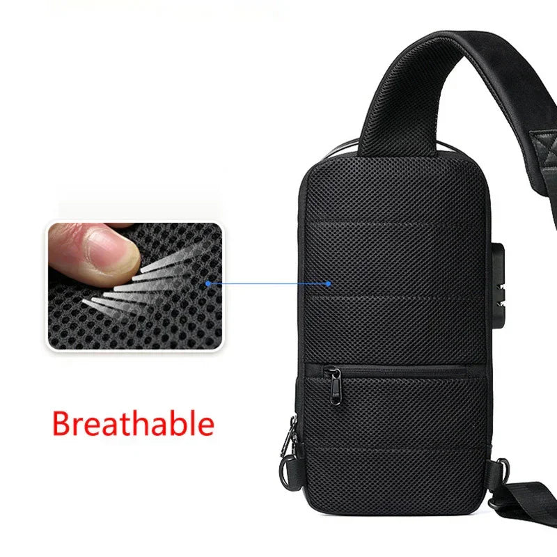 Black mesh crossbody sling bag with breathable, textured fabric and adjustable strap