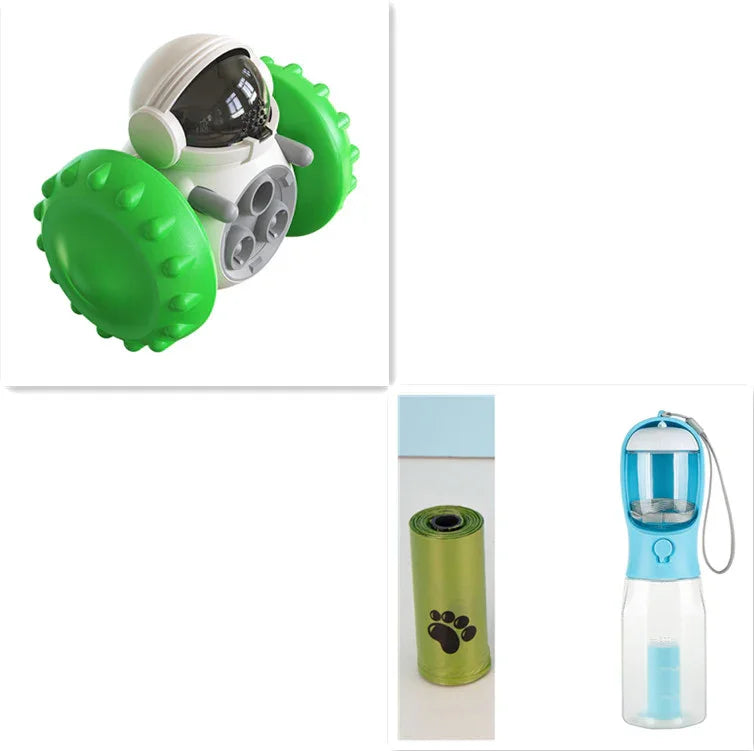 Futuristic pet toy with green spiked wheels, green waste bag roll, and blue portable water bottle for pets