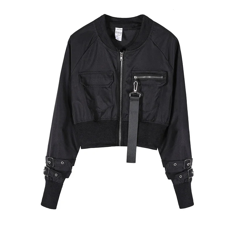 Black cropped bomber jacket with front zipper, utility pockets, buckle straps on sleeves, and relaxed fit