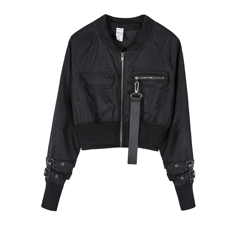Black cropped bomber jacket with front zipper, utility pockets, buckle straps on sleeves, and relaxed fit