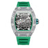 Green silicone strap watch with crystal-studded silver case, skeleton dial, and automatic movement.