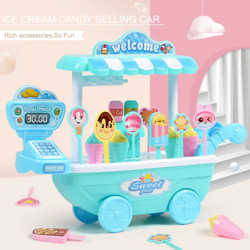 Toy ice cream candy cart in pastel blue and pink with playful sweet treats and cash register