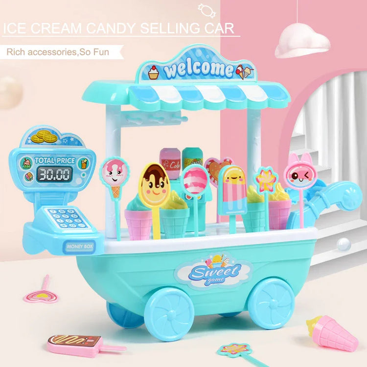 Toy ice cream candy cart in pastel blue and pink with playful sweet treats and cash register