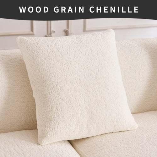 Cream wood grain chenille throw pillow on matching textured sofa in modern room