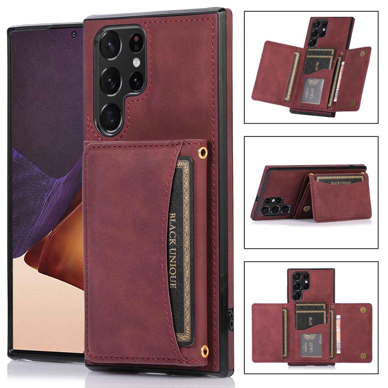 Brown leather wallet phone case with card slots, slim fit, for smartphone protection.