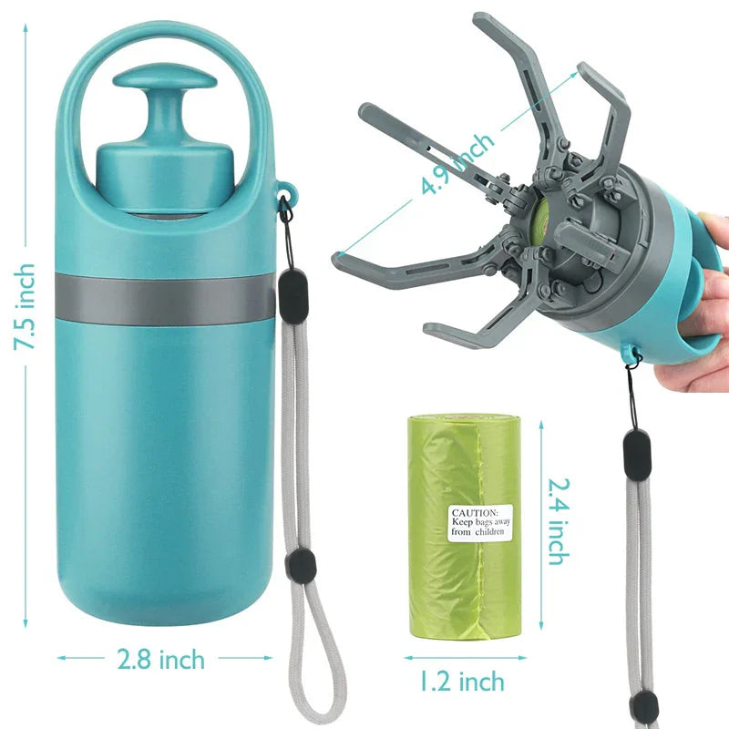 Turquoise portable waste picker with gray handle, claw grabber, and green trash bags