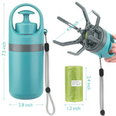 Turquoise portable waste picker with gray handle, claw grabber, and green trash bags