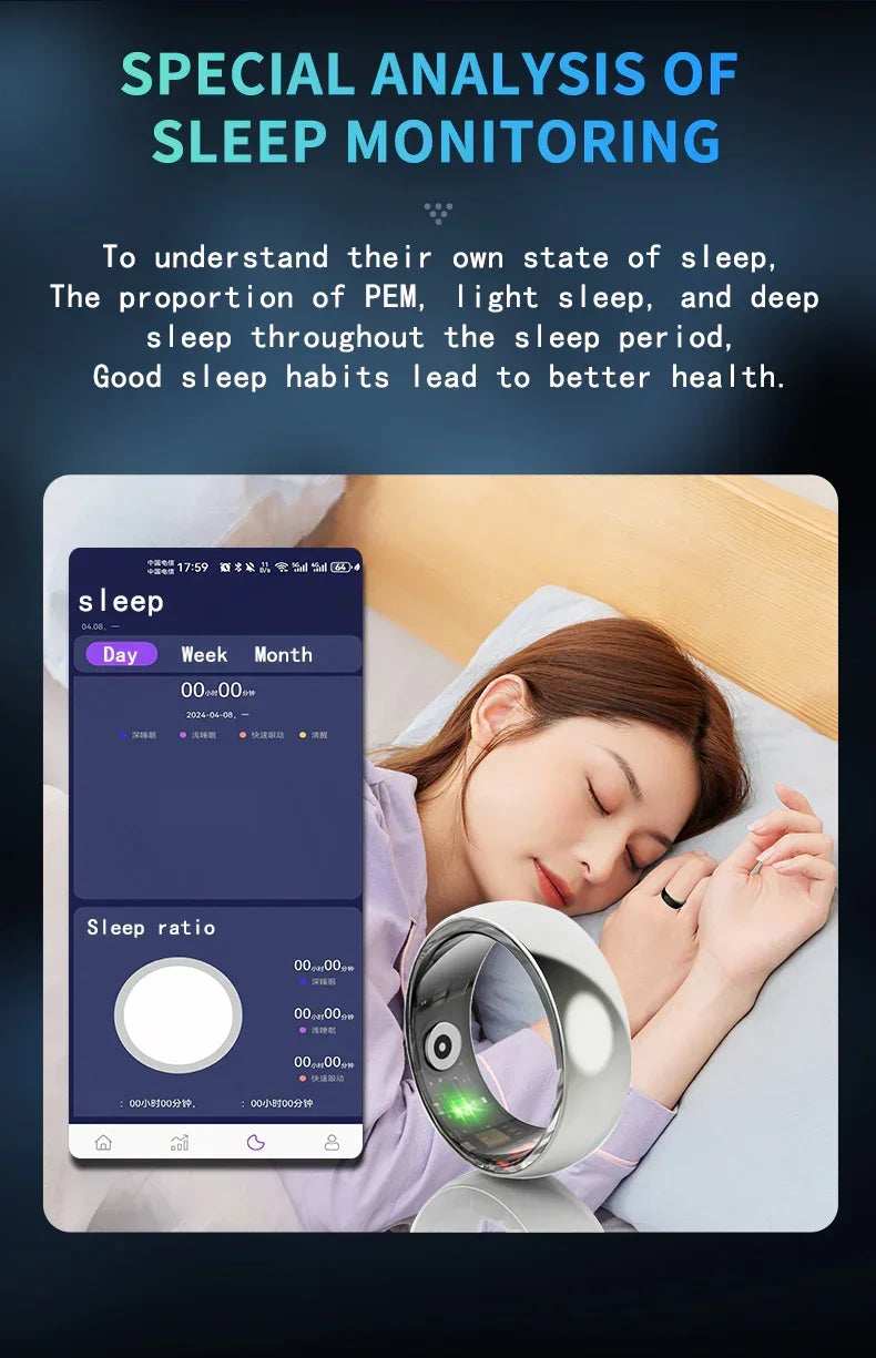 Woman in lavender sleepwear wearing a smart ring, sleeping on bed, sleep monitoring app displayed.