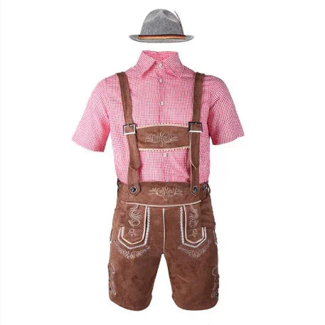 Traditional brown suede lederhosen shorts with suspenders, red checkered shirt, and grey felt hat