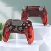 Translucent red wireless gaming controllers with black buttons and ergonomic grip on display stands