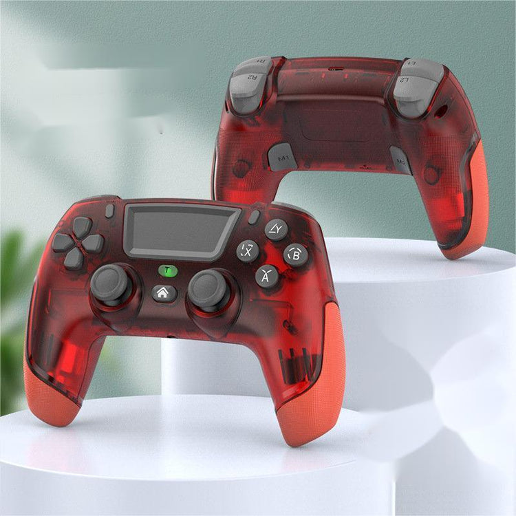 Translucent red wireless gaming controllers with black buttons and ergonomic grip on display stands