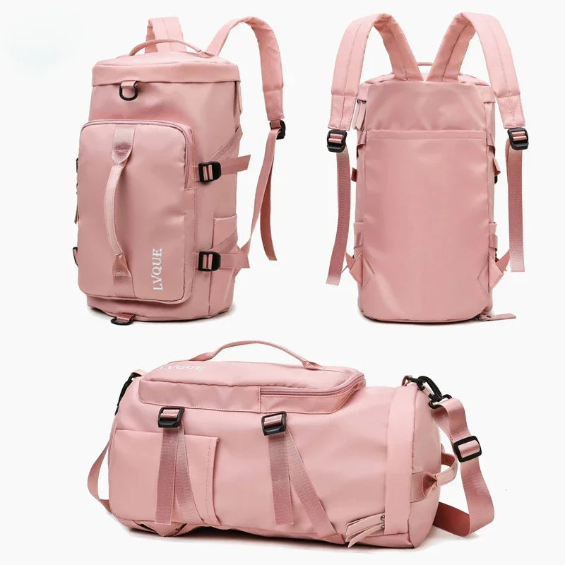 Light pink streetwear backpack displayed from three angles, durable material, adjustable straps